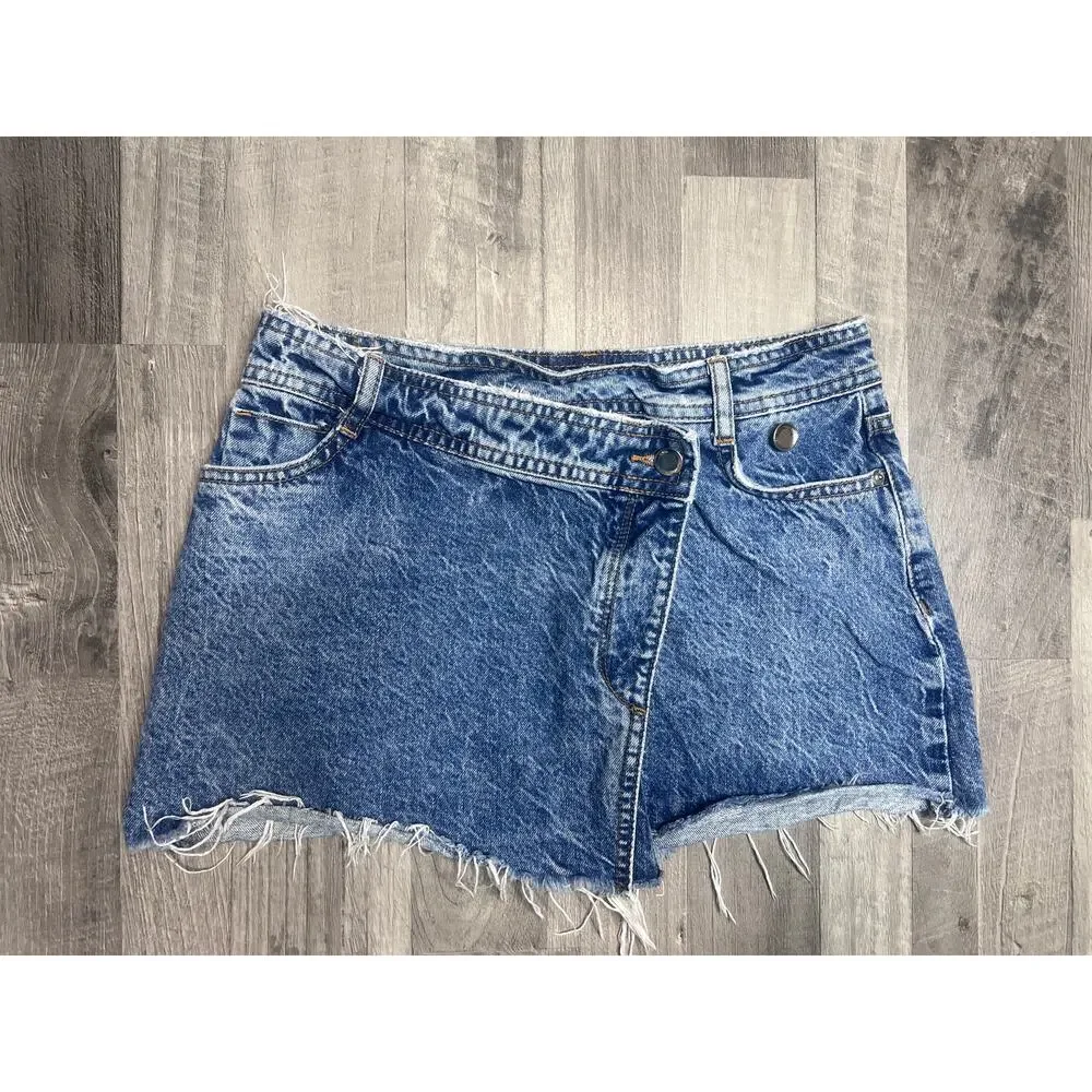 Zara Denim Skort Women’s XS Blue Asymmetrical Wrap Mini Skirt Raw Hem Y2K